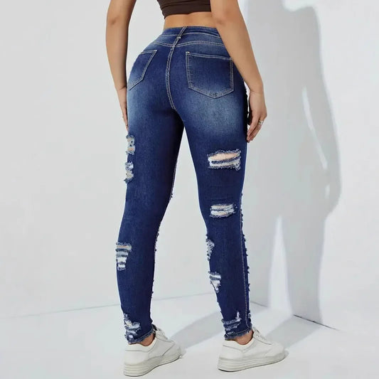 Denim Pants with Hole And Frayed Hem Fashion Casual Trousers