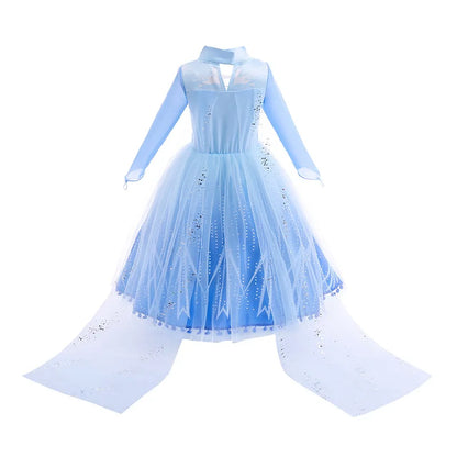 Halloween Girls Elsa Dress With Floor Length Cloak Child Long Sleeve Print Princess Frocks Kids Carnival Party Elegant Gown