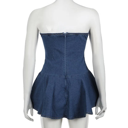 Chest Wrap Sexy Dress Women Sleeveless Backless Split Splicing Tight Denim Mini Dress Thin Sexy Y2K A-word Denim Dress