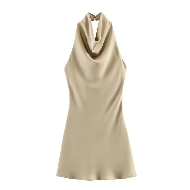 Silk Satin Texture Summer New Arrival Women's  Dr Hanging Ne Collar Gown Soft A-Line Skirt High Waist Pure Color