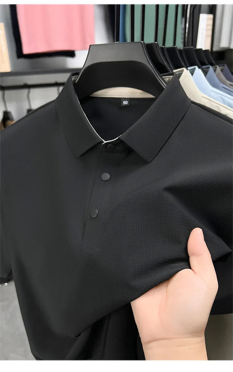 Summer Short Sleeve T-Shirt - Premium Jacquard Spandex, 7A Antibacterial, Seamless, Contrast Color, Split Hem, Wrinkle-Free Polo