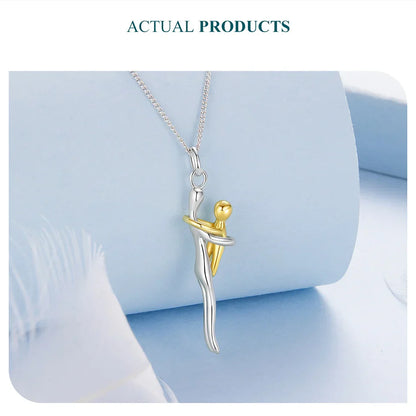 Real 925 Sterling Silver Hug Embrace Pendant Necklace Silver Gold Two-tone Mom & Child Pendant Family Gift  Mom Jewelry