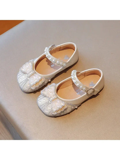Size 23-34 Silver Bow Cute Princess Flat Shoes for Teenage Girls Casual Low Vamp Student Performance Dance Shoes