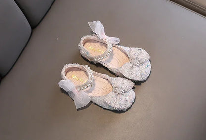 Toddler Girl's Princess Shoes Sequins Lace Bowknot 21-36 Children Mary Janes Three Colors Luxury Trendy Party Kids Shoes Flats