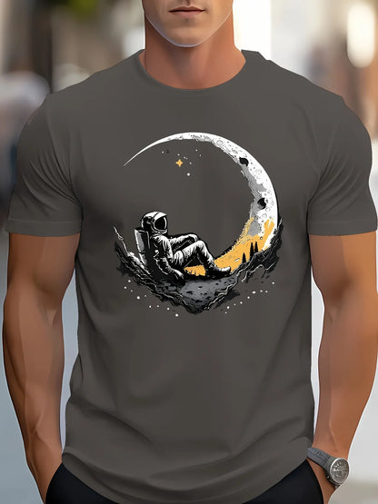 Men's summer 100 cotton fashionable casual loose plus size landing moon pattern printed sports round neck short sleeved T-shirt