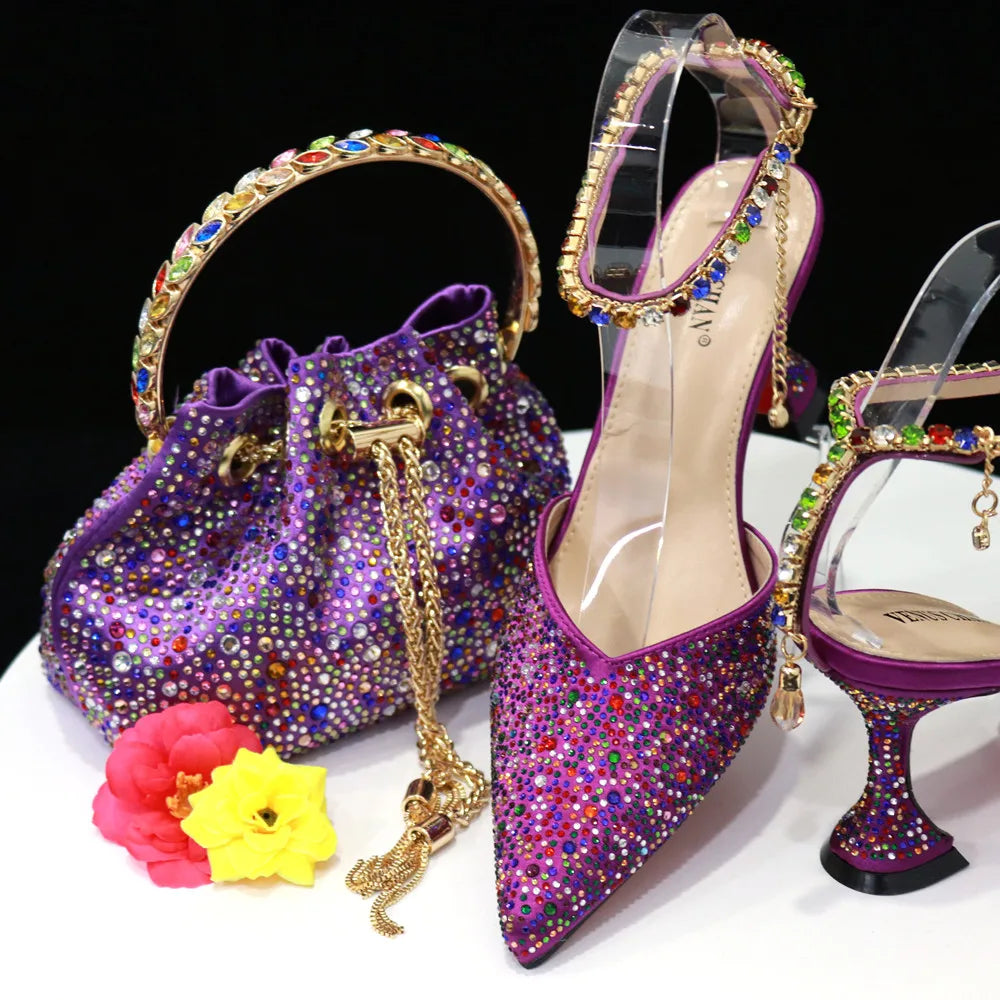 Pointed Shoes Bag Soft Handle Bag Anklet Design Medium Heel Ladies Shoes Suitable for Wedding Party