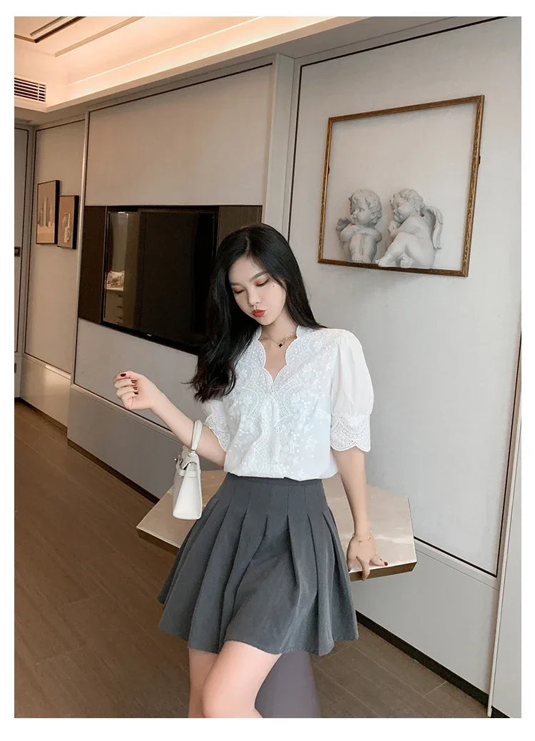 2026 Summer Embroidery Puff Sleeve Linen Cotton Women Blouse Spring Casual White Hollow Out Tops Short Sleeve Shirt