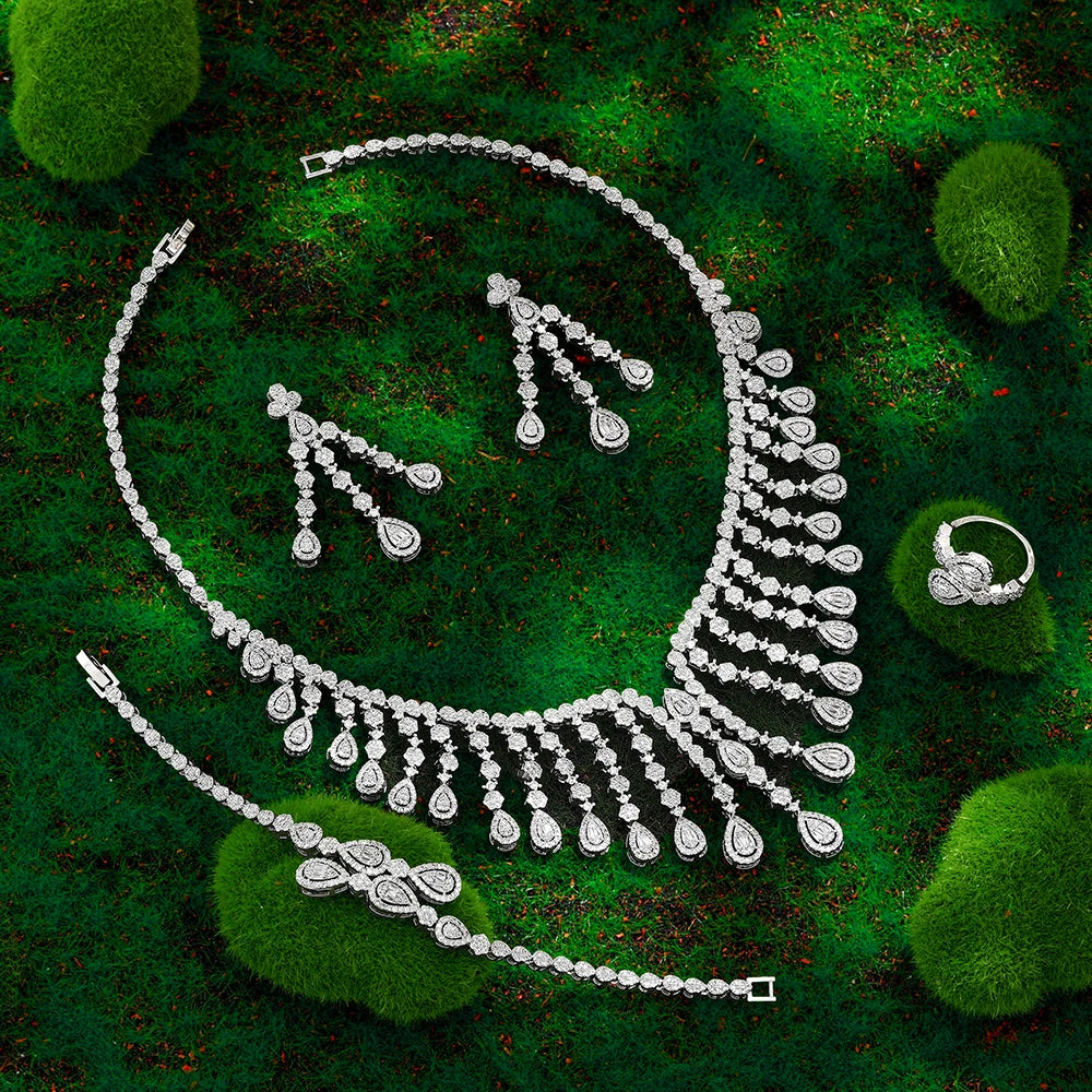 Luxury  4 Pieces Bridal Wedding Jewelry for Women Cubic Zirconia Water Drop Earrings Tassel Necklace Jewelry Sets Party Gift