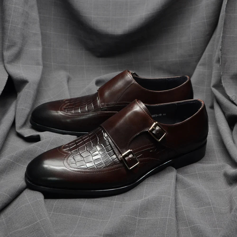Classic Men's Genuine Leather Dress Shoes Double Buckle Monk Strap Wingtip Crocodile Print Business Office Formal Footwear Man