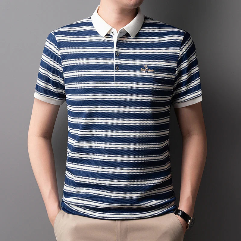 2025 Summer New Men's Polo Shirt Business Casual Collar Short Sleeve Men's Fashion Printed Stripe Half Sleeve Top