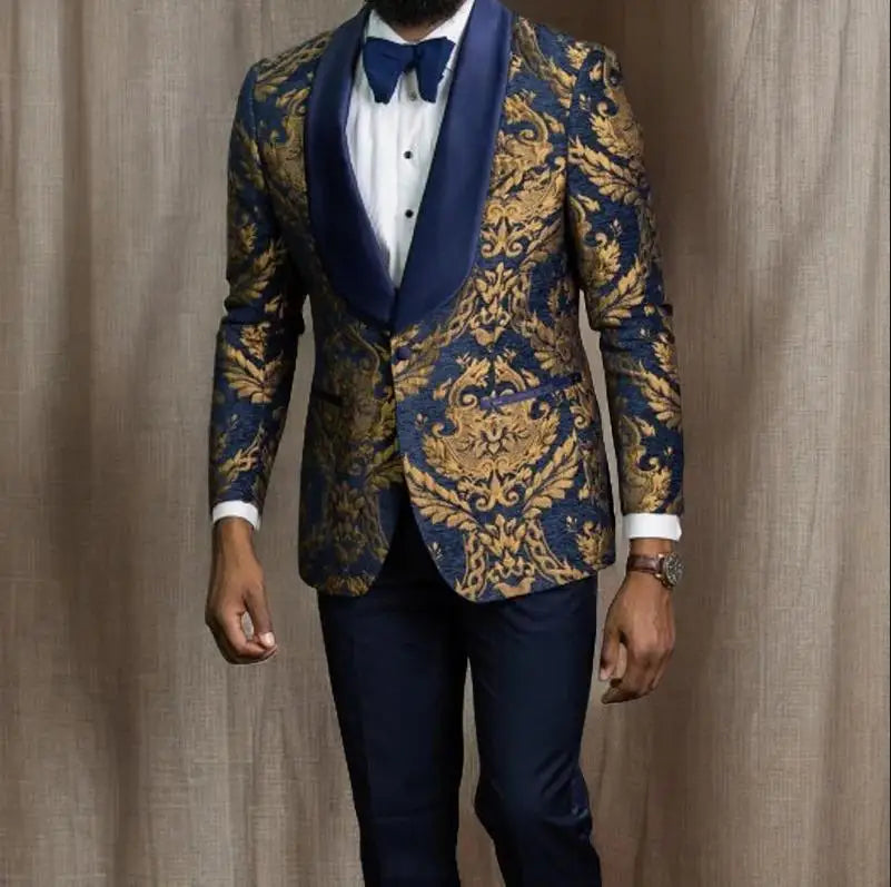 Tuxedo Suits for Men Wedding Slim Fit Navy Blue and Gold Gentleman Male Costume Suit Set