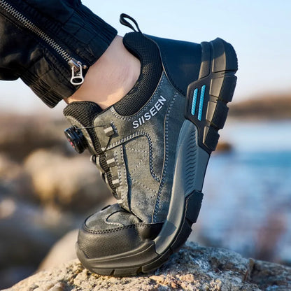 Men's Steel-Toed Safety Shoes With Anti-Crush, Anti-Puncture And Anti-Slip Soles, Fashionable Button Industrial Work Shoes
