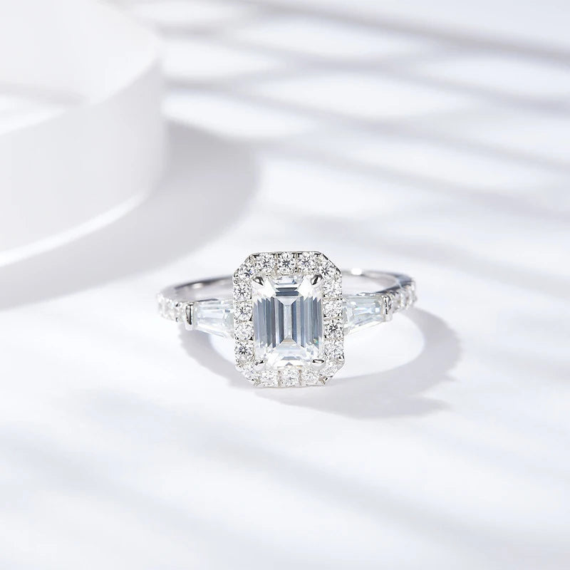 D Color Full Moissanite Ring For Women 5x7mm Emerald Cut Sparkling Rings S925 Silver Wedding Party Luxury Band Jewelry