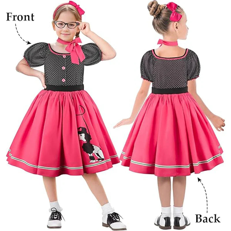 Girls Party Dresses Summer Dress Poodle Print Polka Dot Vintage Dress With Scarf Outfit Girls Casual Summer Dresses Birthday