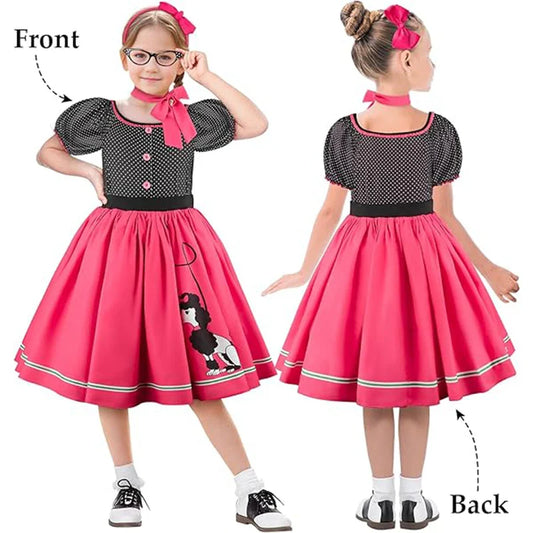Girls Party Dresses Summer Dress Poodle Print Polka Dot Vintage Dress With Scarf Outfit Girls Casual Summer Dresses Birthday