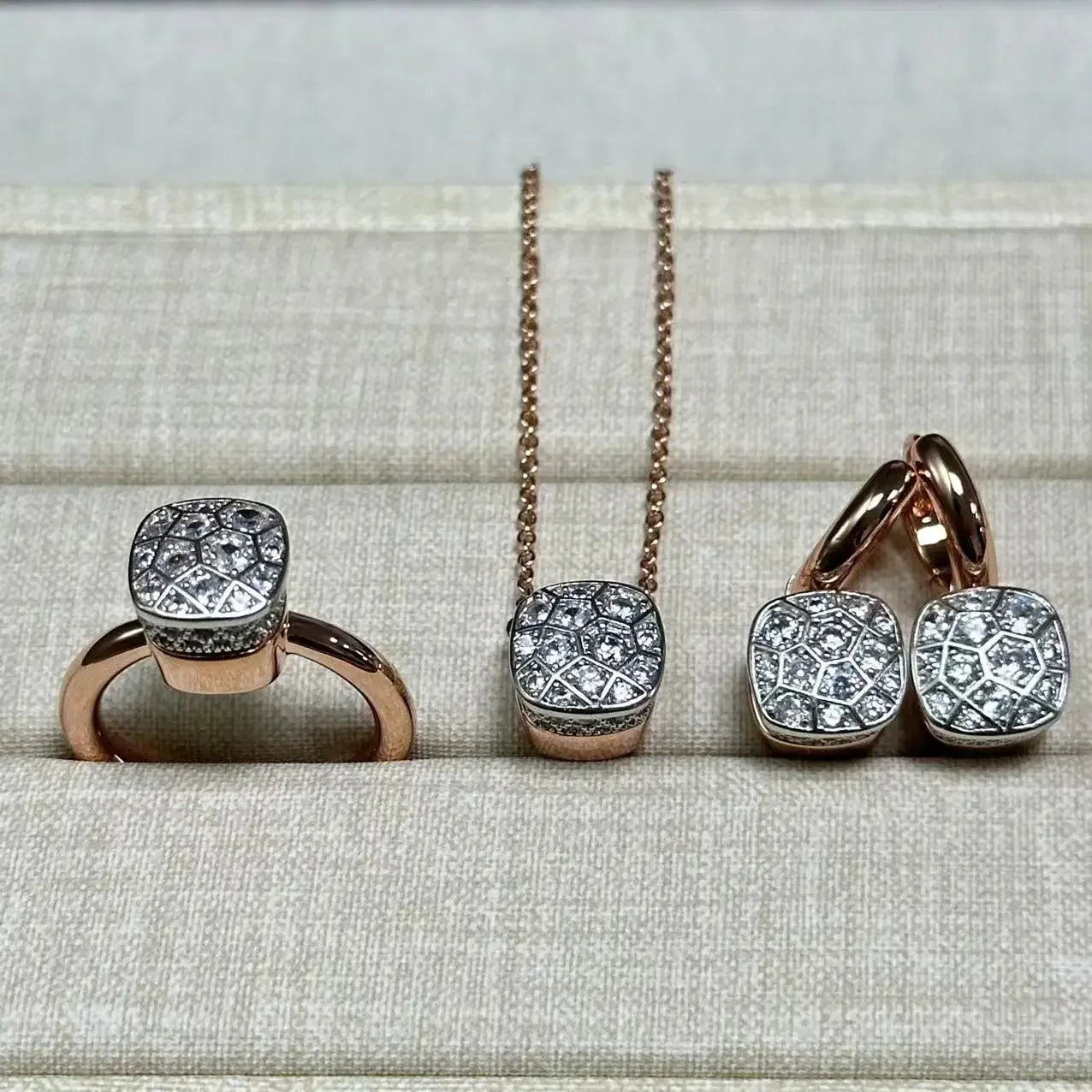 10.6mm Honeycomb Style Jewelry Set For Women Ring Earrings Necklace Rose Gold Candy Crystal Bijoux Gift