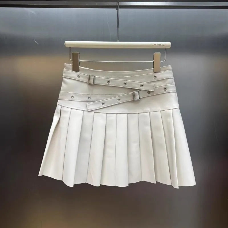 Punk Women Genuine Leather Skirt High Waist Sexy Mini A Line Skirts New Solid Color Ladies Casual Sweet Sheepskin Pleated Skirt