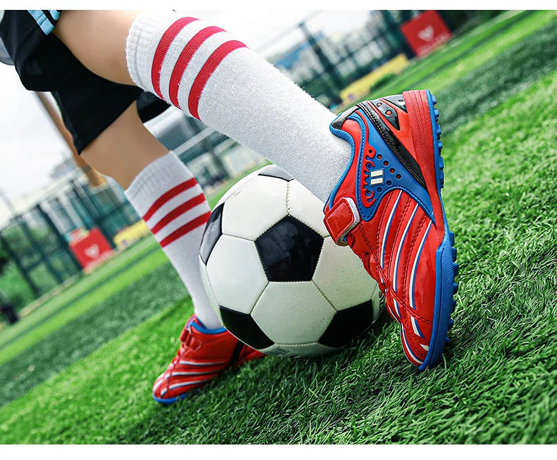 Fashion Gold Children's Football Shoes Outdoor Non-slip Turf Soccer Shoes Kids HOOK&LOOP Low-cut Sports Sneakers Child Trainers