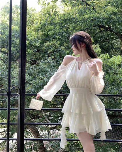 Dresses Women Hollow Out Design Chic Defined Waist Off-shoulder Ruffles Popular Long Sleeve Vestidos Gentle Sweet Spring Summer