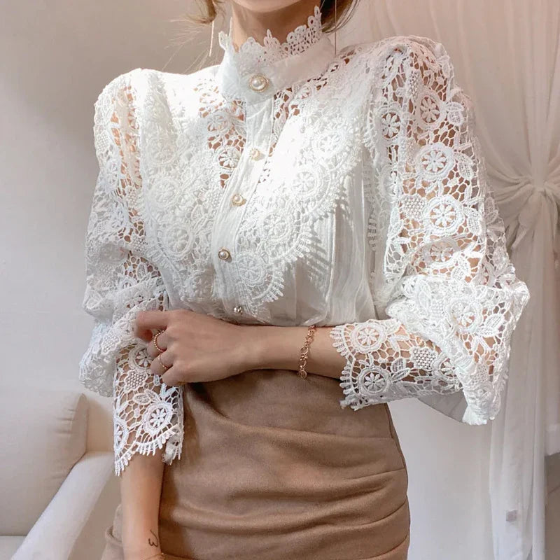 New Women's Long Sleeve High Neck  Chic Blouse, Lace Paneled Hollow Sleeve Elegant Top, Vintage Fashion Office Lady Outfits