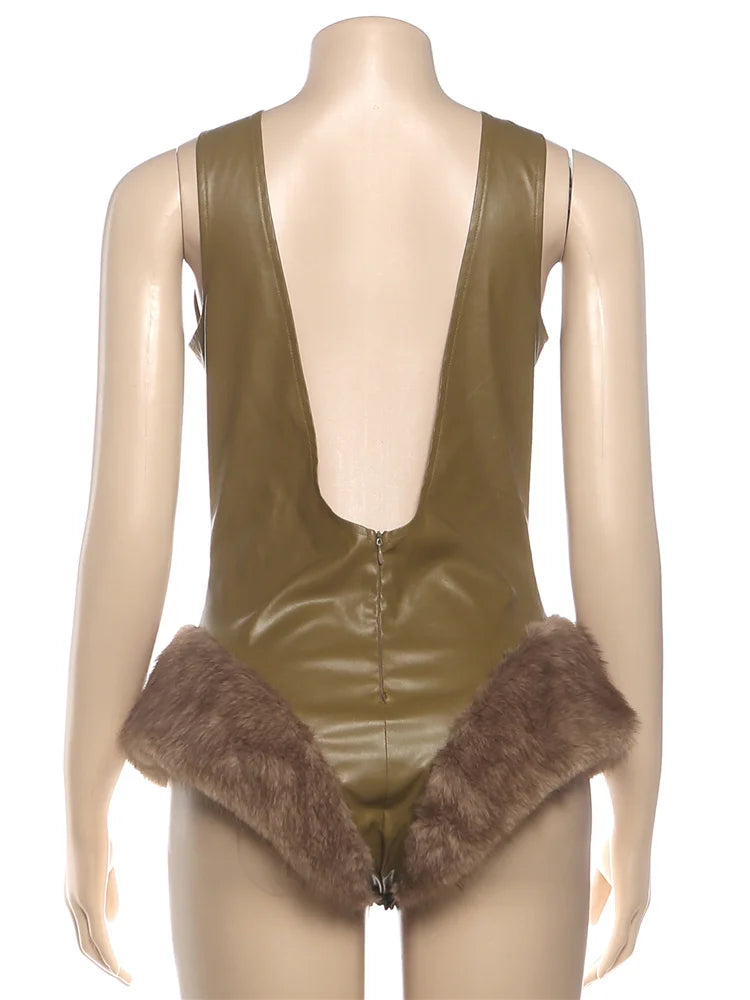 Faux Leather Skinny Bodysuits Woman Low-Neck Backless Sleeveless Furry Patchwork Hem Hot Girls High Street Style Bodycon