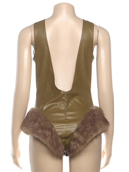 Faux Leather Skinny Bodysuits Woman Low-Neck Backless Sleeveless Furry Patchwork Hem Hot Girls High Street Style Bodycon