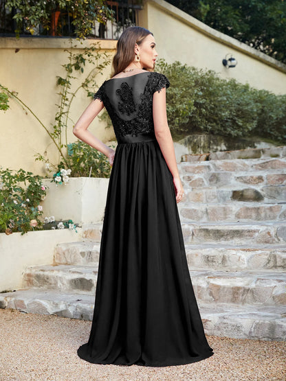 A-line V Neck Sleeveless Floral Lace Chiffon Back Hollow Long Paty Bridesmaid Dress Women 2024 For Wedding Sexy Evening Dress