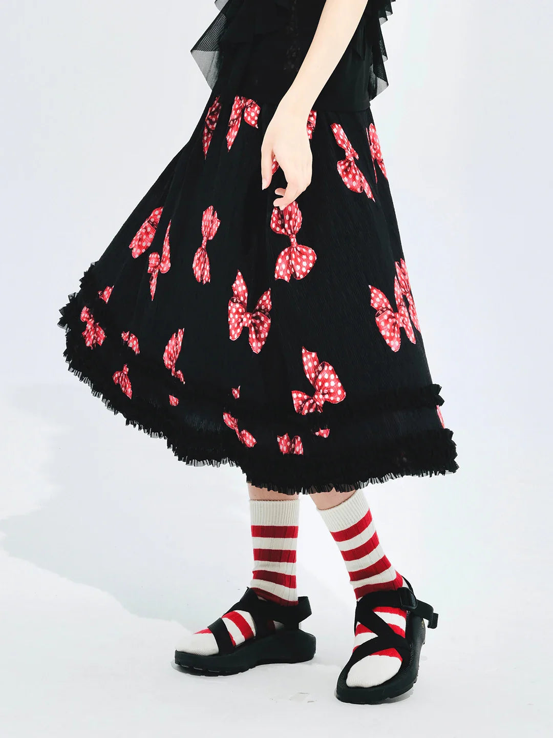 Original design bow pleated lace stitching elastic waist skirt for women 244659