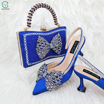 Butterfly-knot Princess Style! Nigerian Ladies Rhinestone-Encrusted Bag & Wear-Resistant and Comfortable Pointed-Toe High Heel