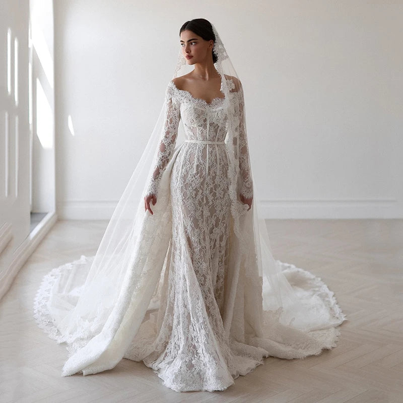 Elegant Mermaid Wedding Dresses Off The Shoulder Long Sleeve Lace Bridal Dress Formal Wedding Ball Prom Gown Customized