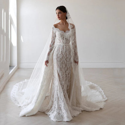 Elegant Mermaid Wedding Dresses Off The Shoulder Long Sleeve Lace Bridal Dress Formal Wedding Ball Prom Gown Customized