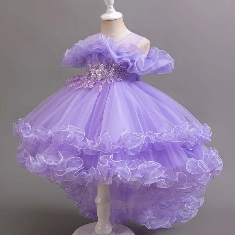 Purple Flower Bridesmaid Princess Dress For Girls Children Costumes Trailing Party Dresses Girls Dress Beaded Wedding Gown