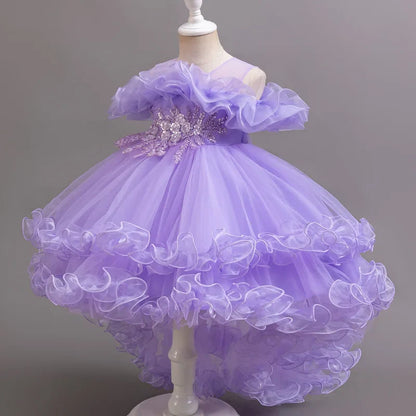 Purple Flower Bridesmaid Princess Dress For Girls Children Costumes Trailing Party Dresses Girls Dress Beaded Wedding Gown
