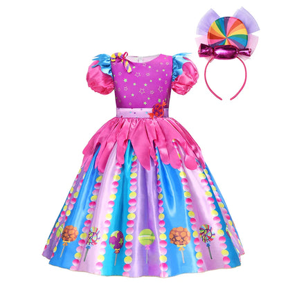 Rainbow Lollipop Girls Dress Sweet Purim Festival Celebrate Costume Fancy Carnival Children Vestidos Princess Cosplay Outfits