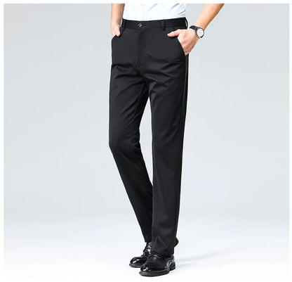 Spring Summer Mens Stretch Pants Smart Casual Suit Pants Wrinkle Resistant Dress Pants with Embroidery Pattern