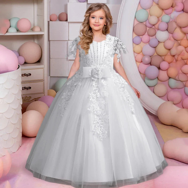 Lace up Tulle Flower Girl Dress Chest with flowers First Communion Ball Gown Wedding Party Bridesmaid Dress Kids 12Y