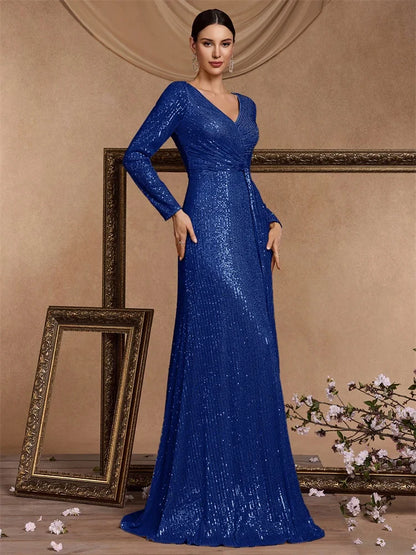 Luxury Royal Blue Sequins Formal Evening Dresses elegant 2025 Long Sleeve Mermaid Prom Wedding Party Cocktail Graduation Gowns