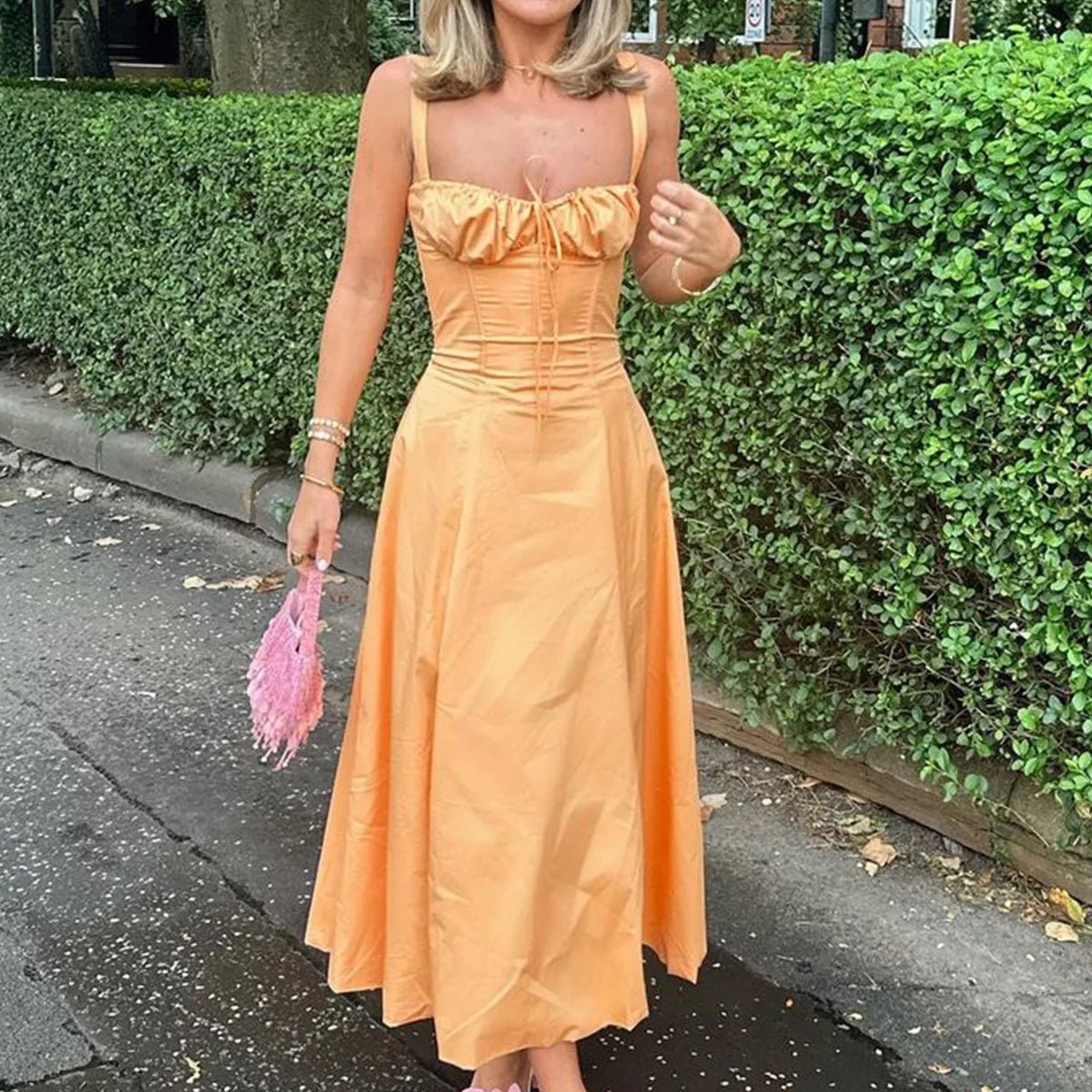 Women's Summer Floral Print Dresses Sweet Elegant Midi Holiday Dress Casual Slit Blue Lace Up Dresses 2023