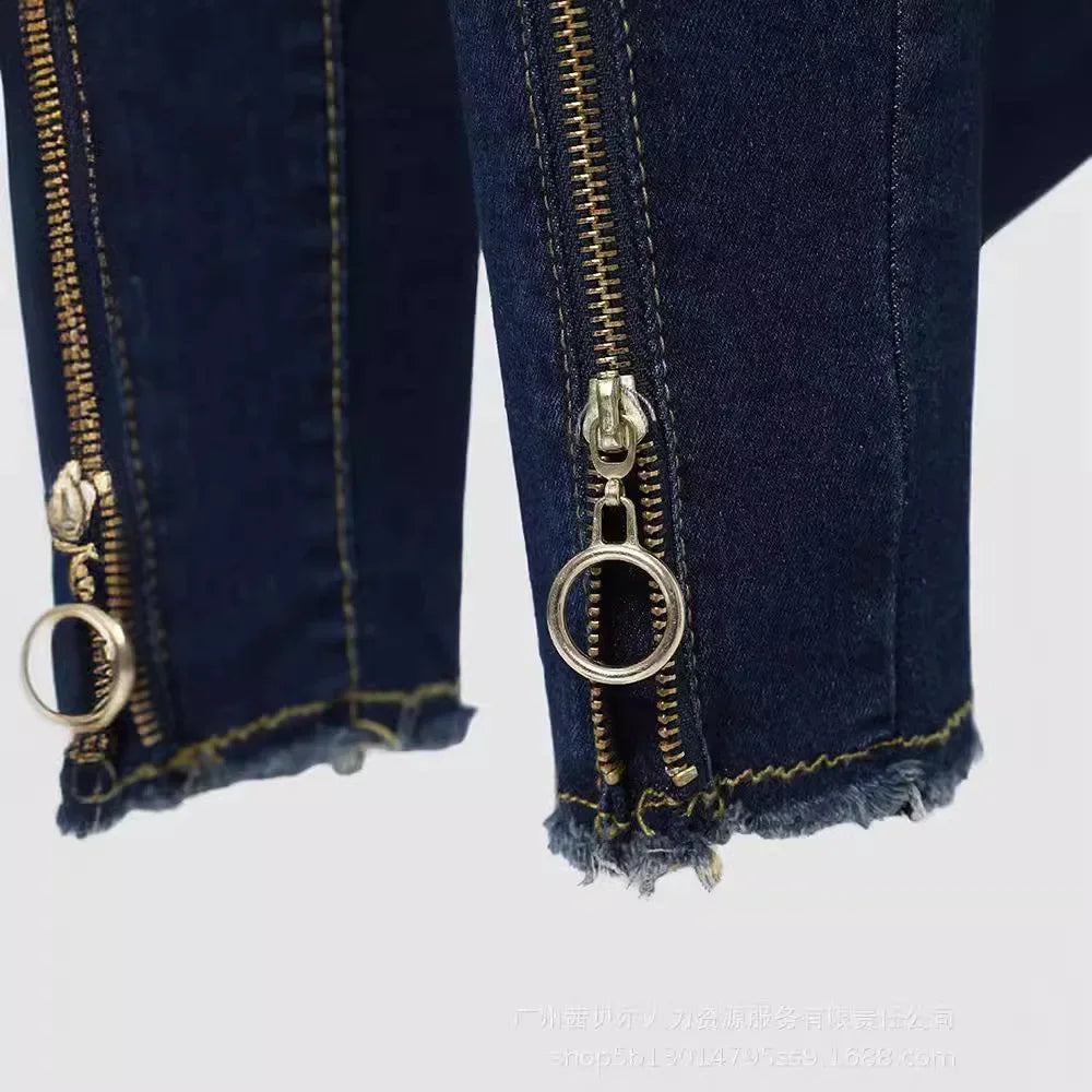 Women Spring Summer 2024 O-Ring Zipper Decor Skinny Jeans Denim Pants Trousers High Waist Jeans Ankle Length