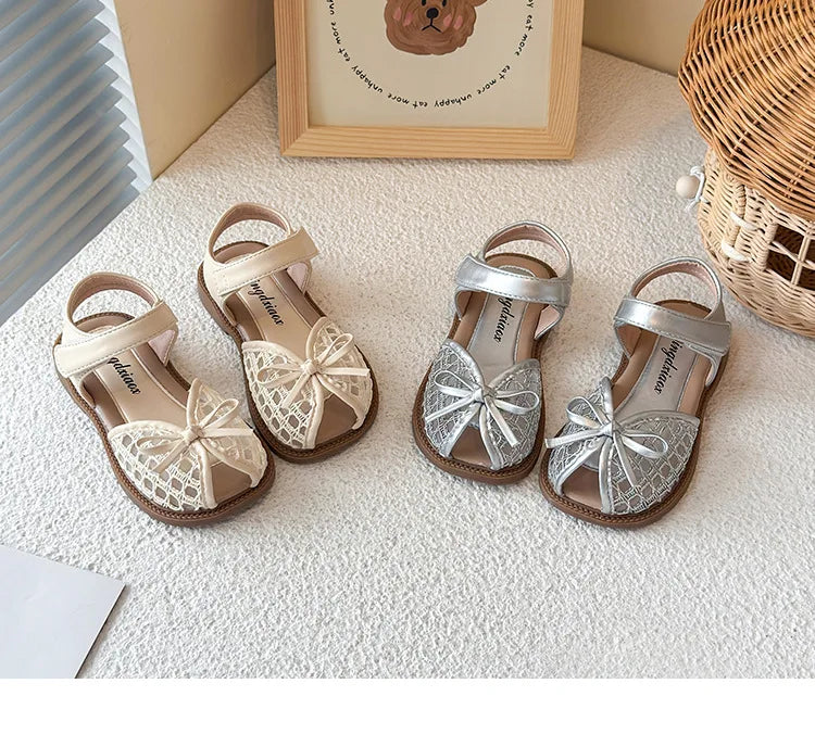New Summer Girls Sandals Princess Beach Shoes Braided Peep-toe Kids Sandals Butterfly-knot Sweet Soft Breathable Footwear I10317