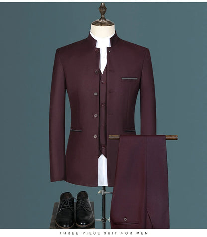Suit (Blazer+ Vest + Pants) Men's Fashion Gentleman Business Outdoor Standing Collar Gentleman Wedding Work Casual MAO Suit