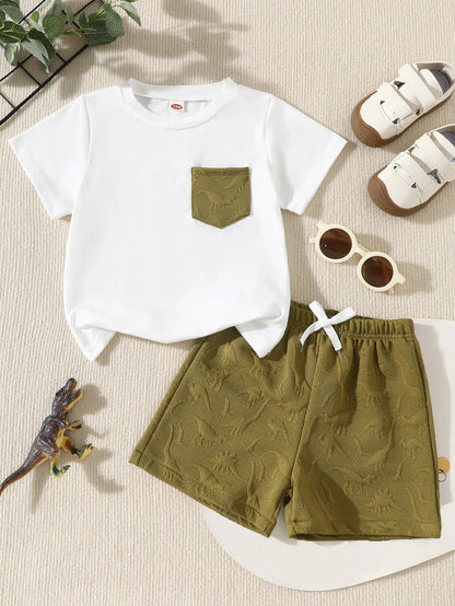 Boys Summer Clothes Set 3D Dinosaur Embossed Breathable Short Sleeve Tee Shorts 2Pcs Toddler Kids Casual Outfits