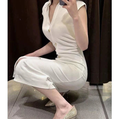 Pleated Midi Dresses for Women Sleeveless Shirt Dress Woman White Black Women's Summer Dress Draped Party Dress Women