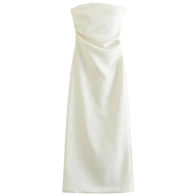 Womens Strapless Dresses Summer Off White Black White Dress Midi Ruffled Off Shoulder Backless Dress Prom Vestidos 066