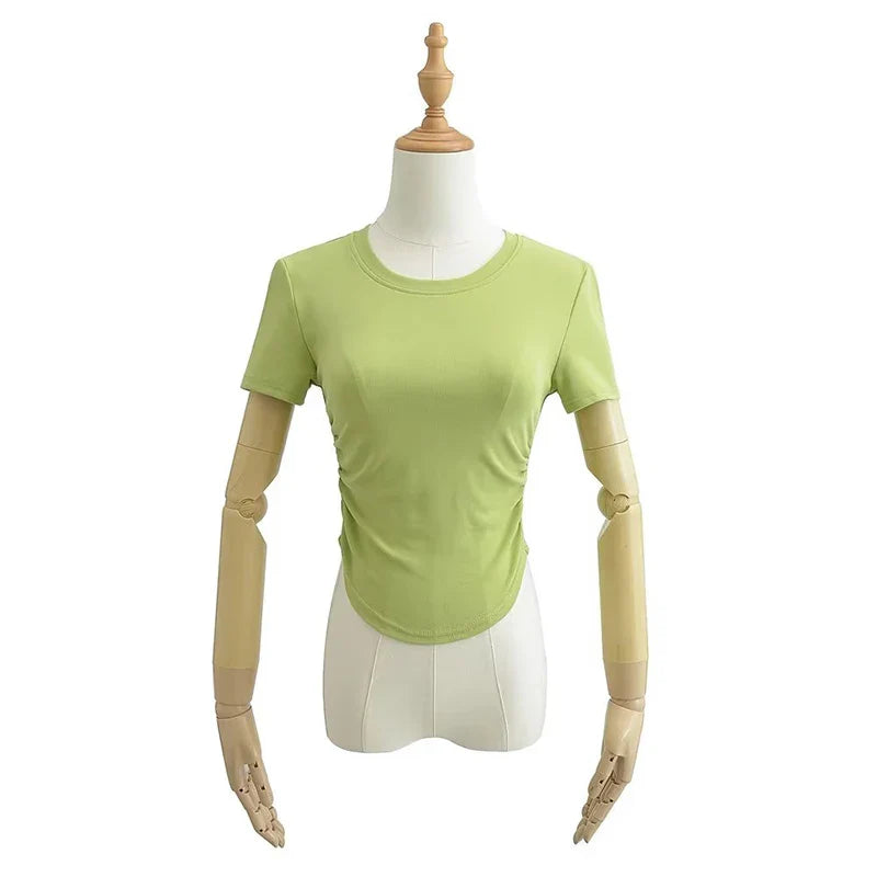 Harajuku Women Crew Neck Short Sleeve Cotton Tee With Ruched Sides Detail T-shirts