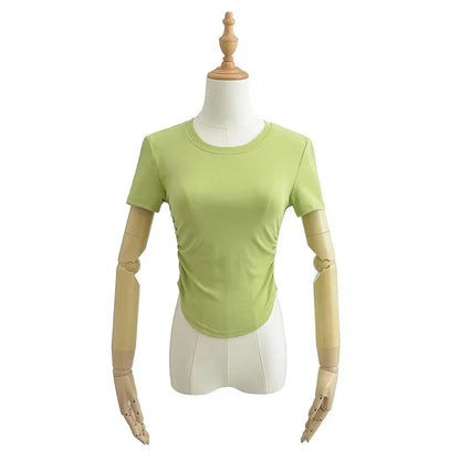 Harajuku Women Crew Neck Short Sleeve Cotton Tee With Ruched Sides Detail T-shirts