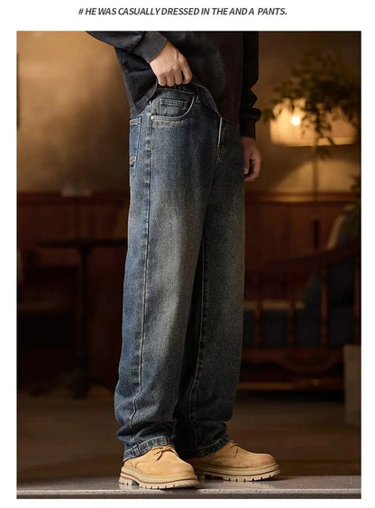 American Men's Y2K Retro Blue Denim Jeans Autumn Spring Relaxed Fit Korean Streetwear Casual Wide-leg Pants with Spliced Pockets