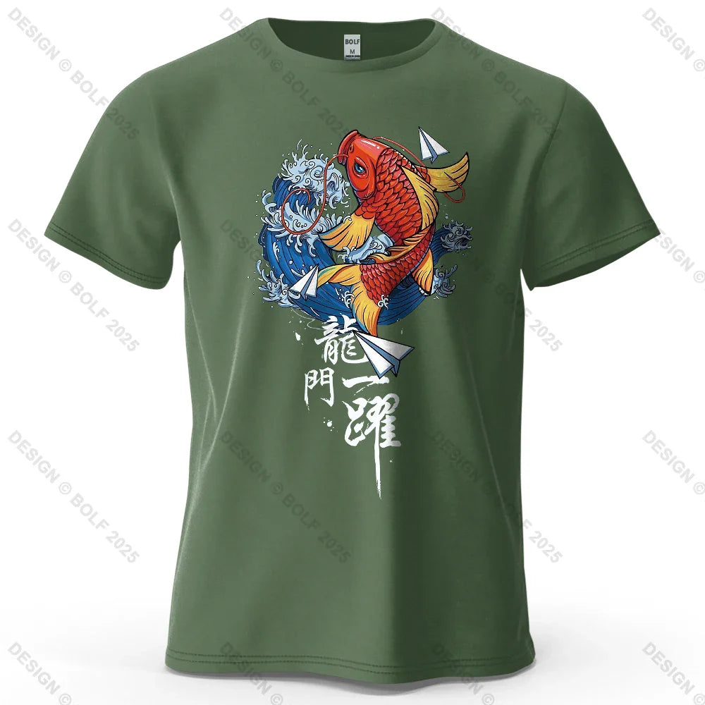 Dragon Gate Leap Printed Men's T-Shirt 100% Cotton Oversized Carp Good Luck Graphic Tees for Women Tops Tees Streetwear
