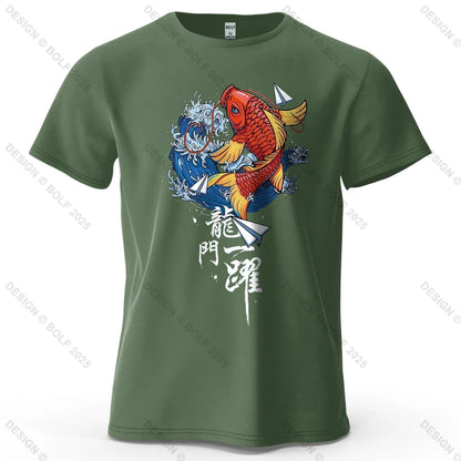 Dragon Gate Leap Printed Men's T-Shirt 100% Cotton Oversized Carp Good Luck Graphic Tees for Women Tops Tees Streetwear
