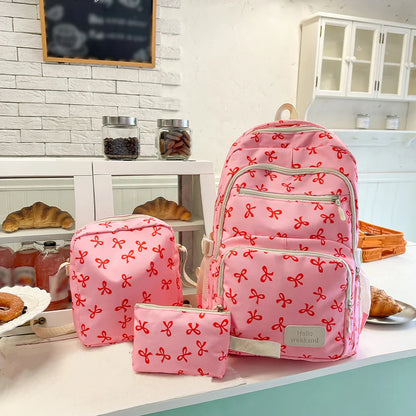 Korean Fashion Bow Print Women's Fashion Backpack Lightweight Simple Student Schoolbag Female Bag Set Three-Piece
